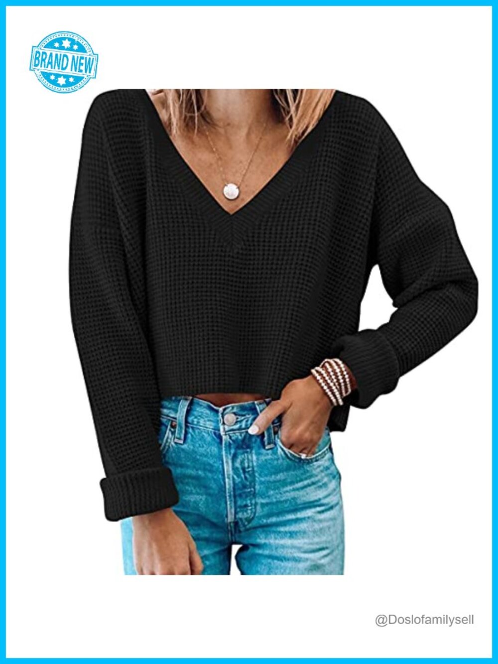 Waffle Knit Crop Sweater V Neck Long Sleeve Pullover Top